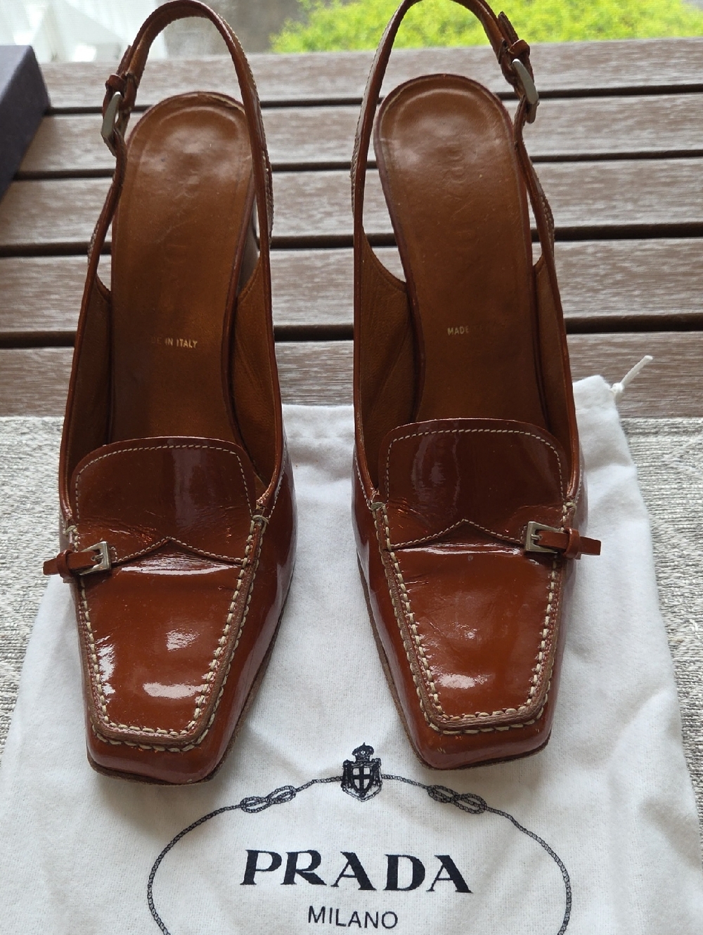 Prada Cognac Patent Leather Slingback Heels